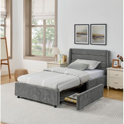 Lit Simple Enfant 90x200cm 2 Tiroirs Rangement Lit Junior Sommier à Lattes Tête De Lit Moderne Gris