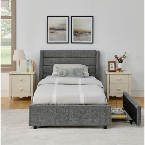 Lit Simple Enfant 90x200cm 2 Tiroirs Rangement Lit Junior Sommier à Lattes Tête De Lit Moderne Gris