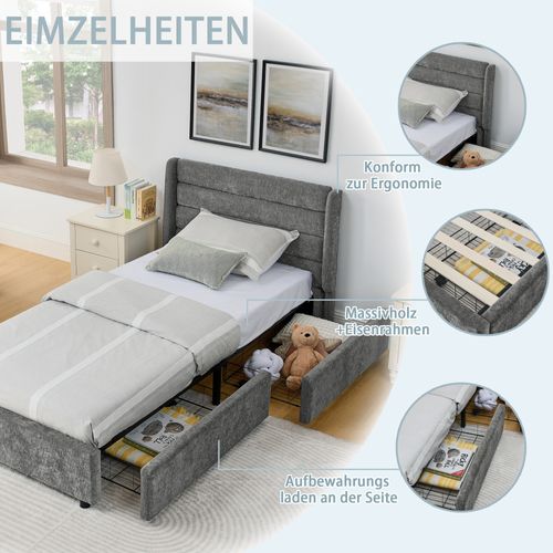 Lit Simple Enfant 90x200cm 2 Tiroirs Rangement Lit Junior Sommier à Lattes Tête De Lit Moderne Gris