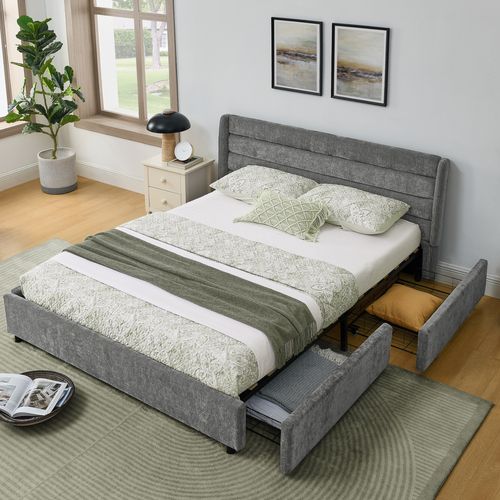 Lit Rembourré 140x200cm 4 Tiroirs Rangement Lit Junior Sommier à Lattes Tête De Lit Moderne Gris