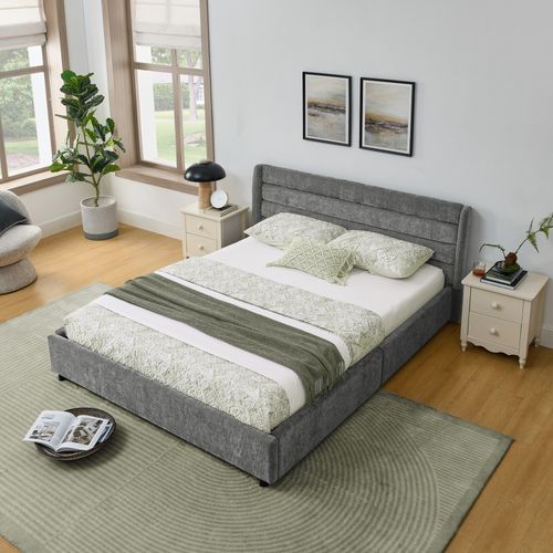 Lit Rembourré 140x200cm 4 Tiroirs Rangement Lit Junior Sommier à Lattes Tête De Lit Moderne Gris