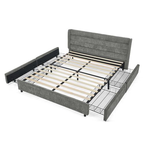 Lit Rembourré 140x200cm 4 Tiroirs Rangement Lit Junior Sommier à Lattes Tête De Lit Moderne Gris