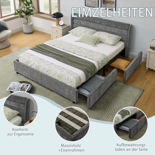 Lit Rembourré 140x200cm 4 Tiroirs Rangement Lit Junior Sommier à Lattes Tête De Lit Moderne Gris