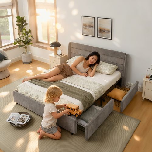 Lit Rembourré 140x200cm 4 Tiroirs Rangement Lit Junior Sommier à Lattes Tête De Lit Moderne Gris