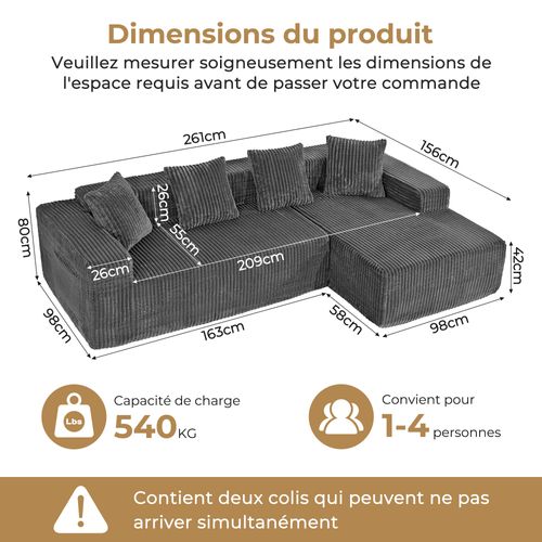 Canapé Modulaire Compressé 3 Places Velours Côtelé,chaise Longue Droite,gris