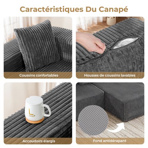 Canapé Modulaire Compressé 3 Places Velours Côtelé,chaise Longue Droite,gris