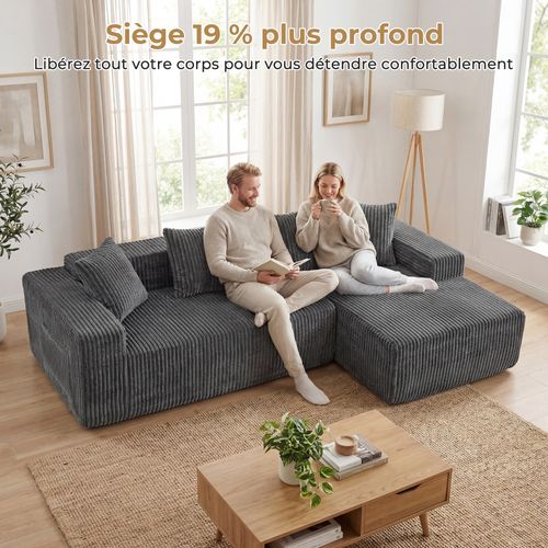 Canapé Modulaire Compressé 3 Places Velours Côtelé,chaise Longue Droite,gris