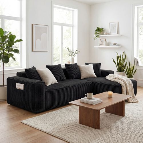 Canapé Modulaire Compressé 3 Places Velours Côtelé,chaise Longue Droite,noir