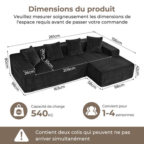 Canapé Modulaire Compressé 3 Places Velours Côtelé,chaise Longue Droite,noir