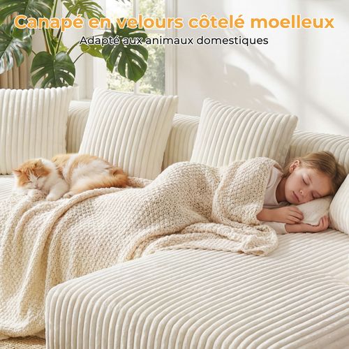 Canapé Modulaire Compressé 3 Places Velours Côtelé,chaise Longue Droite,beige