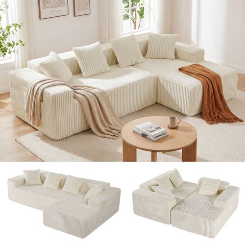 Canapé Modulaire Compressé 3 Places Velours Côtelé,chaise Longue Droite,beige