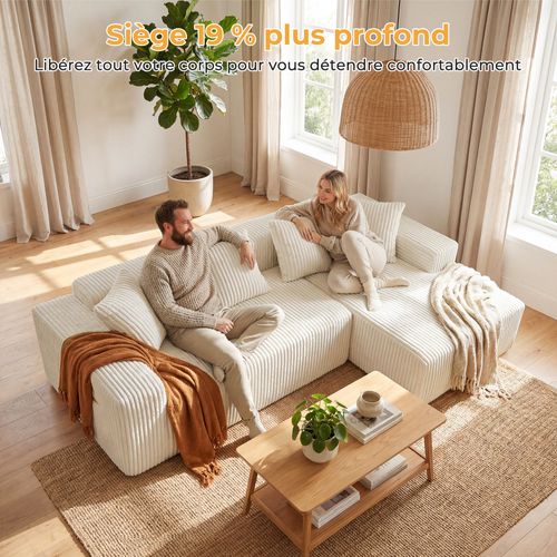 Canapé Modulaire Compressé 3 Places Velours Côtelé,chaise Longue Droite,beige