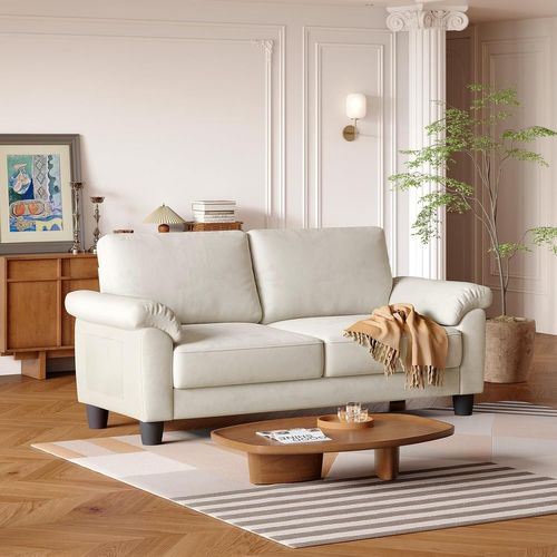 Neche Canapé 2 Places En Velours,avec Poche De Rangement,grands Accoudoirs,178 X 75 X 87cm,beige