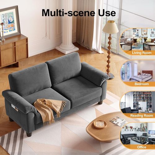 Neche Canapé 2 Places En Velours,avec Poche De Rangement,grands Accoudoirs,178 X 75 X 87cm,gris
