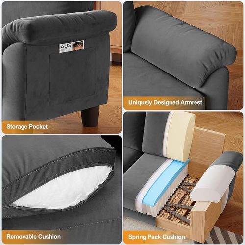 Neche Canapé 2 Places En Velours,avec Poche De Rangement,grands Accoudoirs,178 X 75 X 87cm,gris