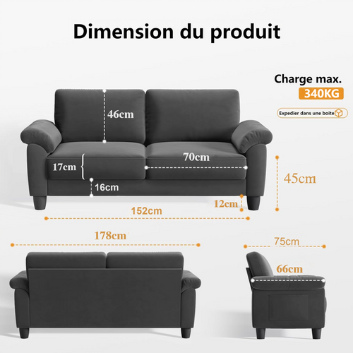 Neche Canapé 2 Places En Velours,avec Poche De Rangement,grands Accoudoirs,178 X 75 X 87cm,gris