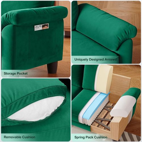 Neche Canapé 2 Places En Velours,avec Poche De Rangement,grands Accoudoirs,178 X 75 X 87cm,vert