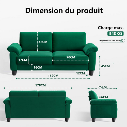 Neche Canapé 2 Places En Velours,avec Poche De Rangement,grands Accoudoirs,178 X 75 X 87cm,vert