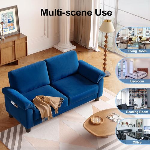 Neche Canapé 2 Places En Velours,poche De Rangement,housse Amovible,178 X 75 X 87cm,bleu