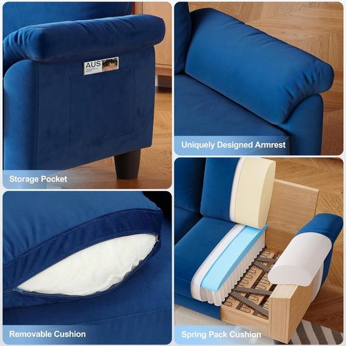 Neche Canapé 2 Places En Velours,poche De Rangement,housse Amovible,178 X 75 X 87cm,bleu