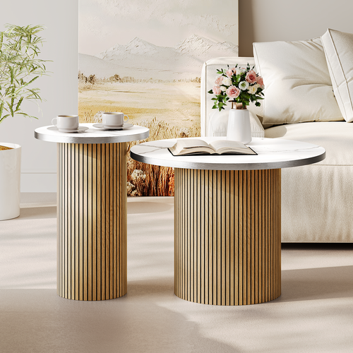 Table Basse Gigogne Lot De 2 Rond En Chêne Table D’appoint Meubles Salon Plateau Marbre