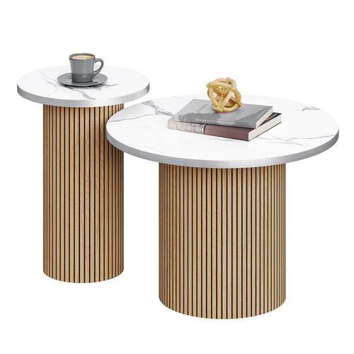 Table Basse Gigogne Lot De 2 Rond En Chêne Table D’appoint Meubles Salon Plateau Marbre