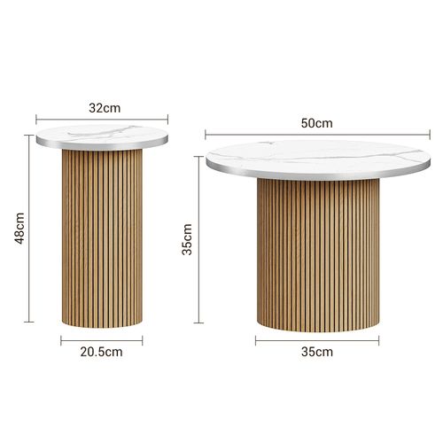 Table Basse Gigogne Lot De 2 Rond En Chêne Table D’appoint Meubles Salon Plateau Marbre