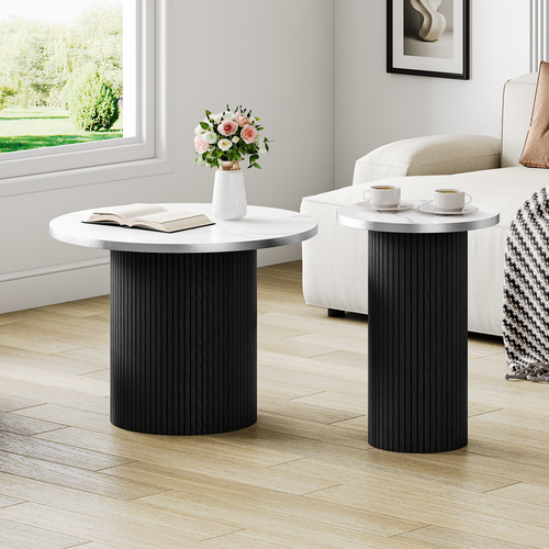 Table Basse Gigogne Lot De 2 Rond En Noir Table D’appoint Meubles Salon Plateau Marbre