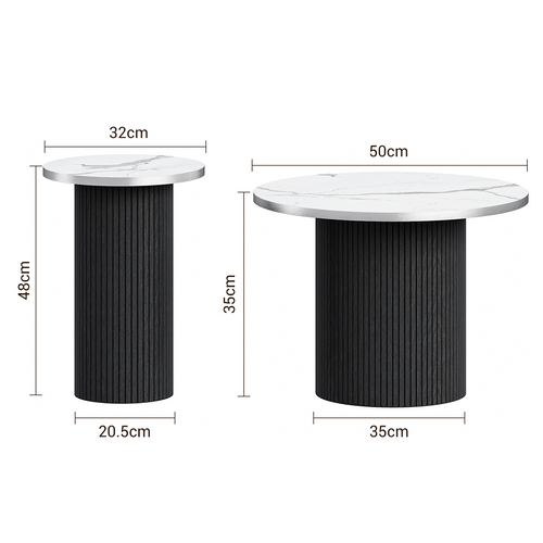 Table Basse Gigogne Lot De 2 Rond En Noir Table D’appoint Meubles Salon Plateau Marbre