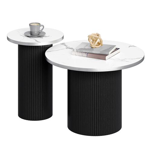 Table Basse Gigogne Lot De 2 Rond En Noir Table D’appoint Meubles Salon Plateau Marbre