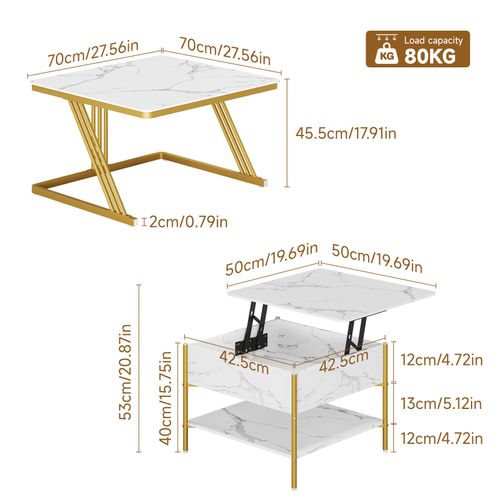 Table Basse Carre Lot De 2 Plateau Relevable Table D'appoint Gigogne 70x45,5+50x40cm Blanc