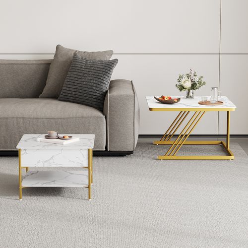 Table Basse Carre Lot De 2 Plateau Relevable Table D'appoint Gigogne 70x45,5+50x40cm Blanc