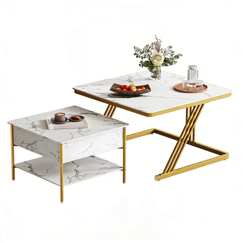 Table Basse Carre Lot De 2 Plateau Relevable Table D'appoint Gigogne 70x45,5+50x40cm Blanc