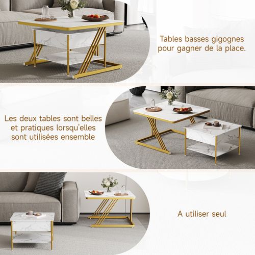 Table Basse Carre Lot De 2 Plateau Relevable Table D'appoint Gigogne 70x45,5+50x40cm Blanc