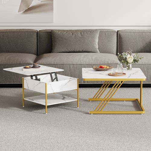 Table Basse Carre Lot De 2 Plateau Relevable Table D'appoint Gigogne 70x45,5+50x40cm Blanc