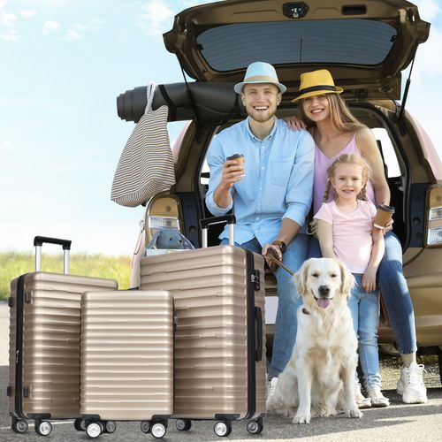 Set De Valises 3 Pièces Abs Poignée Télescopique Capacité Extensible Voyages D'affaires Doré