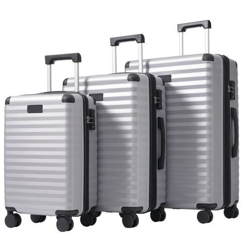 Set De Valises 3 Pièces Plastique Abs Robuste Poignée Télescopique Voyages D'affaires Gris