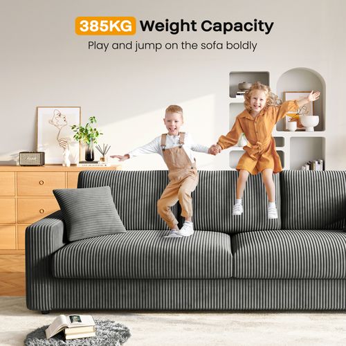 Grand Canapé 3 Places En Velours Côtelé Avec 2 Oreillers - Gris - 256 X 89 X 88cm