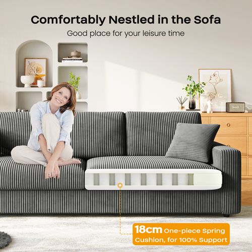 Grand Canapé 3 Places En Velours Côtelé Avec 2 Oreillers - Gris - 256 X 89 X 88cm