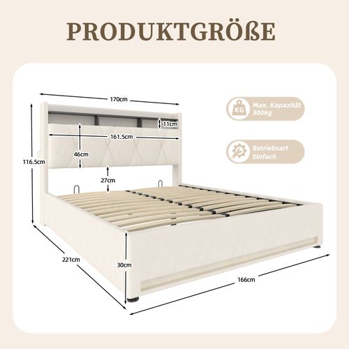 Lit Double160x200cm LED USB Relevage Hydraulique Compartiment Tête De Lit Rangement Sous Lit Beige