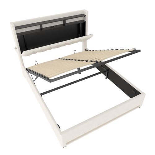 Lit Double160x200cm LED USB Relevage Hydraulique Compartiment Tête De Lit Rangement Sous Lit Beige