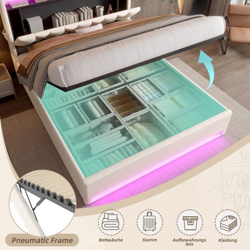 Lit Double160x200cm LED USB Relevage Hydraulique Compartiment Tête De Lit Rangement Sous Lit Beige