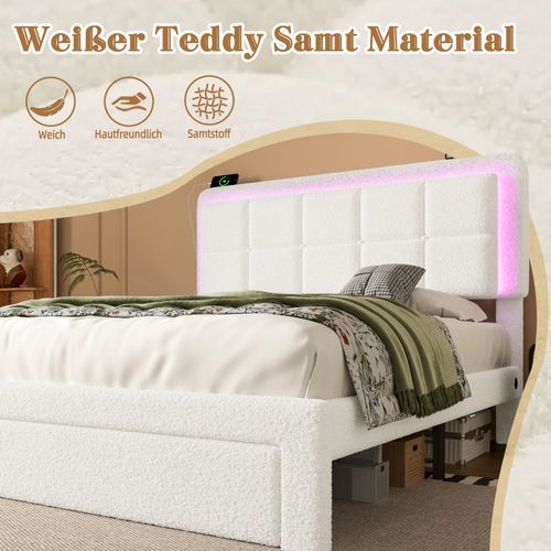 Lit Rembourré 160x200cm LED-usb Teddy 2 Places 1 Tiroir Rangement Tête De Lit Réglable Hauteur Blanc