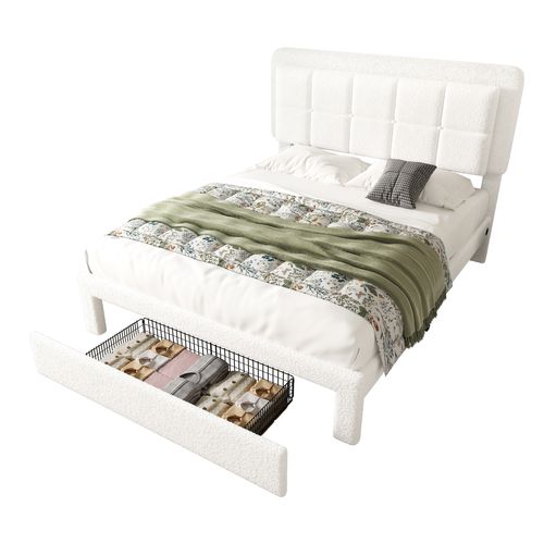 Lit Rembourré 160x200cm LED-usb Teddy 2 Places 1 Tiroir Rangement Tête De Lit Réglable Hauteur Blanc