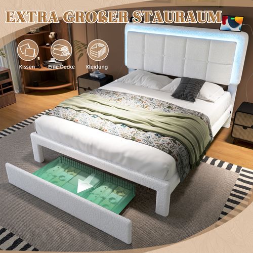Lit Rembourré 160x200cm LED-usb Teddy 2 Places 1 Tiroir Rangement Tête De Lit Réglable Hauteur Blanc