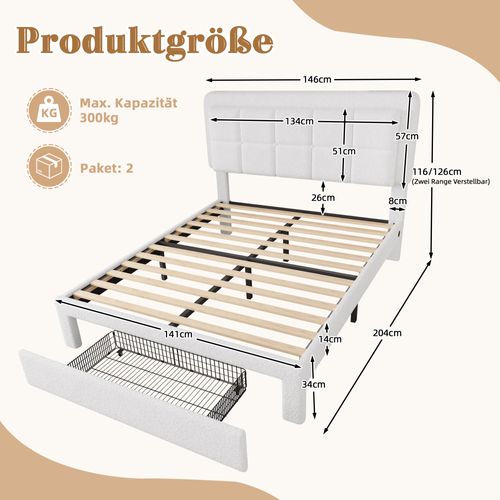 Lit Rembourré 140x200cm LED-usb Teddy 2 Places 1 Tiroir Rangement Tête De Lit Réglable Hauteur Blanc