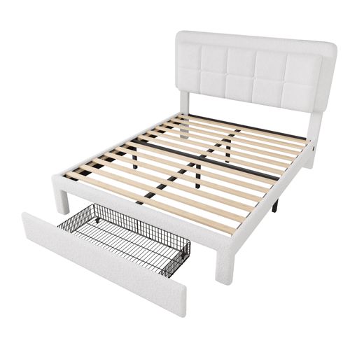 Lit Rembourré 140x200cm LED-usb Teddy 2 Places 1 Tiroir Rangement Tête De Lit Réglable Hauteur Blanc