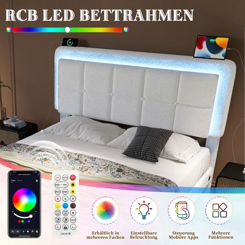 Lit Rembourré 140x200cm LED-usb Teddy 2 Places 1 Tiroir Rangement Tête De Lit Réglable Hauteur Blanc