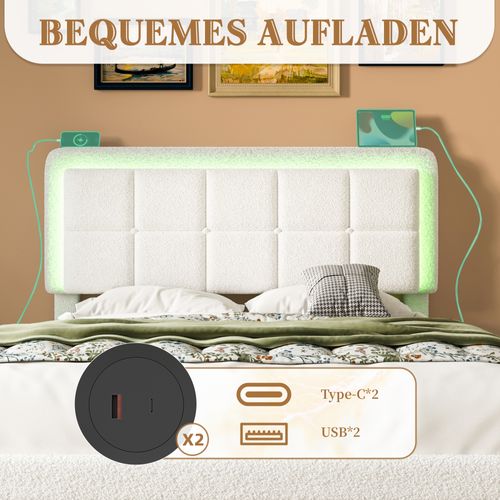 Lit Rembourré 140x200cm LED-usb Teddy 2 Places 1 Tiroir Rangement Tête De Lit Réglable Hauteur Blanc