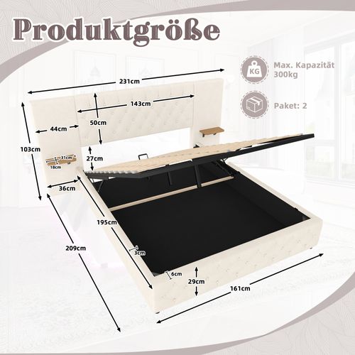 Lit Double 160x200cm LED-usb Tête De Lit Large Relevage Hydraulique Rangement Sous Lit Beige